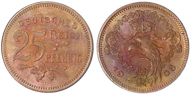 Kaiserreich
Reichskleinmünzen
25 Pfennig 1908 D, Kupfer, Kopf des Reichsadlers...