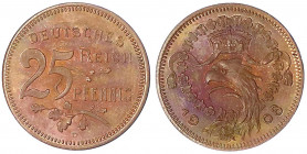 Kaiserreich
Reichskleinmünzen
25 Pfennig 1908 D, Kupfer, Kopf des Reichsadlers mit geöffnetem Schnabel nach links, Schrift über Eichenzweig. 4,22 g....