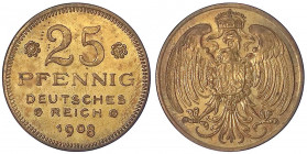 Kaiserreich
Reichskleinmünzen
25 Pfennig 1908 D, Bronze, 4,26 g. Reichsadler, unter dem Stoß links u. rechts das Mzz./Wertziffer mit 4 Rosetten.
Po...