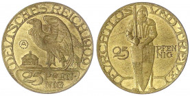 Kaiserreich
Reichskleinmünzen
25 Pfennig 1909 A, Messingfarben (laut RFA 97 % Kupfer). Ritter mit Schild/Adler n.l. mit ausgebreiteten Schwingen 4,0...