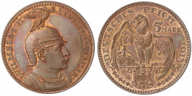 Kaiserreich
Preußen
5 Mark 1913 von Karl Goetz, München. Kupfer. 19,18 g.
Polierte Platte, leicht berührt. Schaaf 114 G 2.