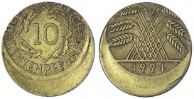 Weimarer Republik
10 Rentenpfennig 1924, ca. 20 % dezentriert geprägt.
vorzüglich. Jaeger 309.
