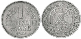 Bundesrepublik Deutschland
1 Mark 1950 F. Im Normalgewicht von 5.52 g. Verm. durch Manipulation auf den Durchmesser von 25,5 mm gebracht (2 Mark Ähre...