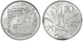 Bundesrepublik Deutschland
Probe v. Victor Huster zu 10 DM in Silber 1998. Franckesche Stiftungen. Glatter Rand mit Nummerierung 36/67. 34 mm, 22,66 ...