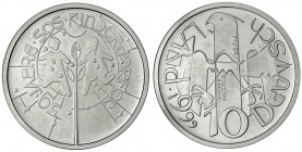 Bundesrepublik Deutschland
Probe v. Victor Huster zu 10 DM in Silber 1999. SOS Kinderdörfer. Glatter Rand mit Nummerierung 11/250. 34 mm, 22,43 g. Au...