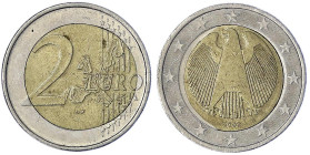 Bundesrepublik Deutschland
2 Euro 2002 G. Verprägung mit verformter Pille, dadurch auf der Wertseite oval, am linken Rand der Adlerseite etwas kleine...
