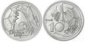 Bundesrepublik Deutschland
Probe v. Victor Huster zu 10 Euro in Silber 2003. Fußball WM 2006. Glatter Rand mit Nummerierung 47/188. 35 mm, 29,62 g. A...