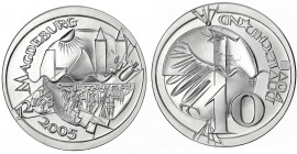 Bundesrepublik Deutschland
Probe v. Victor Huster zu 10 Euro in Silber 2005. Magdeburg. Glatter Rand, Nummerierung 40/155. 35 mm, 29,71 g. Auflage nu...