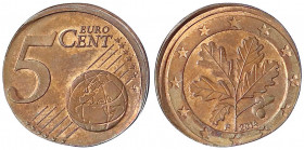 Bundesrepublik Deutschland
5 Euro-Cent 2014 F. Geprägt auf 2-Cent-Ronde (mit Randrille), jedoch durch Prägung breiter und unregelmäßig dick. 3,09 g....