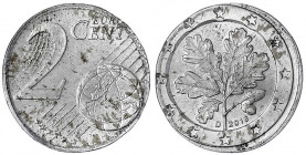 Bundesrepublik Deutschland
2 Euro-Cent 2016 D. Geprägt auf artfremder Ronde, Eisen, 18 mm, 2,18 g. Ohne Randrille. Schrötling ungleichmäßig dick.
vo...