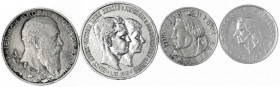 Deutsche Münzen ab 1871
4 bessere Münzen mit Fehlern: 5 Mark Baden 1902 Jubiläum (ss gereinigt), Braunschweig 5 Mark 1915 mit Lüneburg (ss/vz, Brosch...