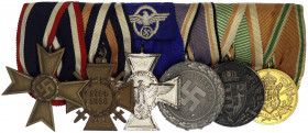 Deutschland
Drittes Reich, 1933-1945
Sechser-Ordenspange: KVK II 1939, Ehrenkr. f. Fr., Polizei-DA 18 Jahre, Luftschutz-Ehrenzeichen, MV-Med. Ungarn...