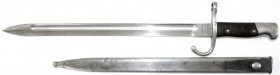 Blankwaffen
Argentinien
Bajonett in Scheide zum Mauser M1909. Gesamtlänge 53,5 cm. Scheide hat Dellen, Nr. passt nicht zur Waffe