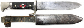 Blankwaffen
Deutschland
Drittes Reich: HJ-Fahrtenmesser, Hersteller Gebr. Gräfrath, Solingen, RZM M 7/30 1936. Mit Devise. In Scheide mit Koppelschu...