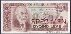 Ausland
Albanien
SPECIMEN, 200 Leke 1992. Mit Stempel „Specimen“ und KN. 000000
I-, selten. Pick 52s.