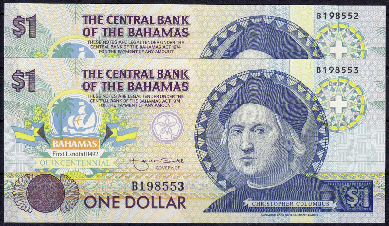 Ausland
Bahamas
2 X 1 Dollar o.D. (1992). Fortlaufende KN. B198552 - B198553....