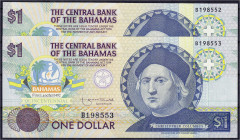 Ausland
Bahamas
2 X 1 Dollar o.D. (1992). Fortlaufende KN. B198552 - B198553.
I. Pick 50.