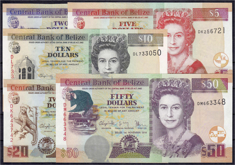 Ausland
Belize
5 Scheine zu 2, 5, 10, 20 u. 50 Dollars 2007-2014. Pick 66c, 67...