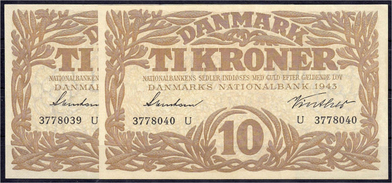 Ausland
Dänemark
Nationalbank, 2 X 10 Kroner 1943. Fortlaufende KN. 3778039 U ...