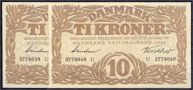 Ausland
Dänemark
Nationalbank, 2 X 10 Kroner 1943. Fortlaufende KN. 3778039 U - 3778040 U.
I- Pick 31o.