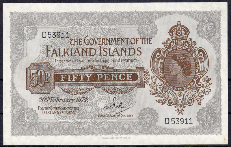 Ausland
Falklandinseln
50 Pence 20.2.1974 II+, unten rechts kl. Fleck. Pick 10...