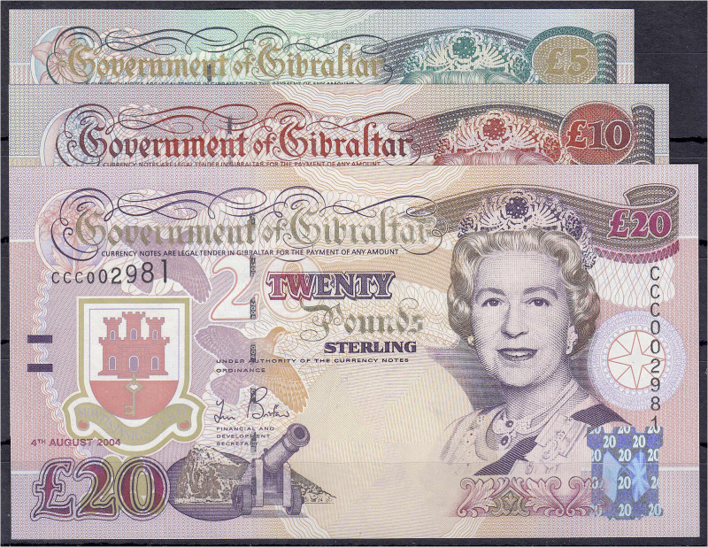 Ausland
Gibraltar
3 Scheine zu 5, 10 u. 20 Pounds 2000-2004. I. Pick 29, 30, 3...