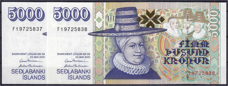 Ausland
Island
2 X 5000 Kronur 22.5.2001. Fortlaufende KN. F19725837 - F197258...