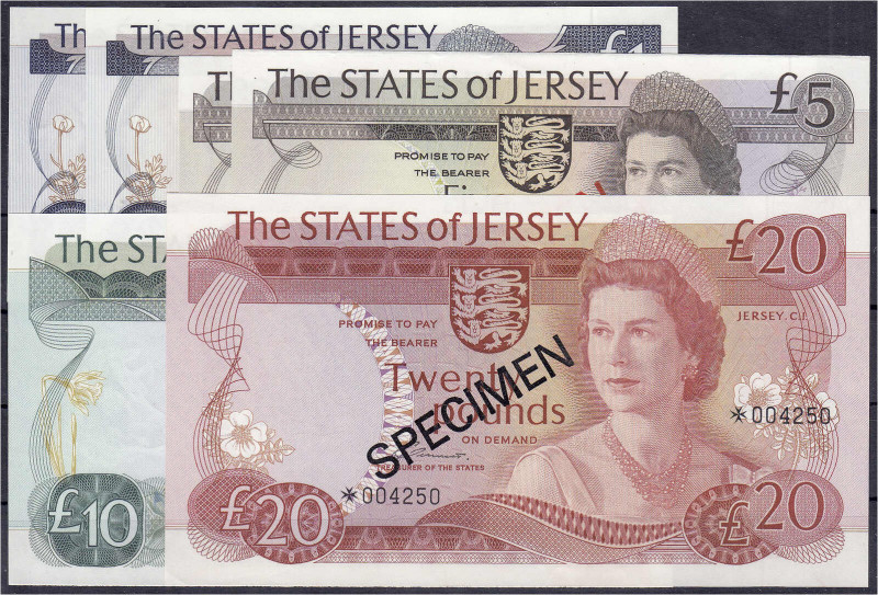 Ausland
Jersey
6 Scheine zu 2 X 1, 2 X 5, 10 und 20 Pounds o.D. (1976-88). 1, ...