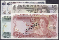 Ausland
Jersey
6 Scheine zu 2 X 1, 2 X 5, 10 und 20 Pounds o.D. (1976-88). 1, 5, 10 und 20 Pounds mit Aufdruck „SPECIMEN“.
I bis II+ Pick 11a/s, 12...
