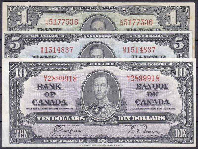 Ausland
Kanada
3 Scheine zu 1, 5 u. 10 Dollars 2.1.1937. II-III. Pick 58e, 60c...