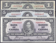 Ausland
Kanada
3 Scheine zu 1, 5 u. 10 Dollars 2.1.1937. II-III. Pick 58e, 60c, 61c.