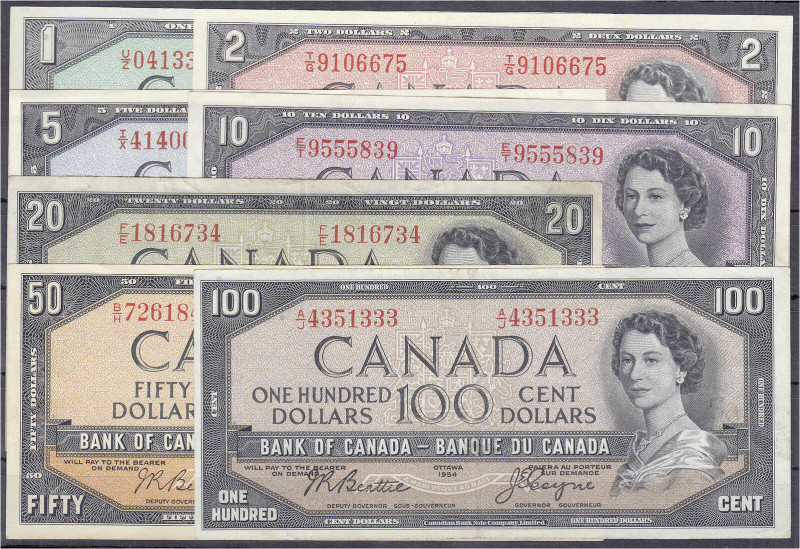 Ausland
Kanada
7 Scheine zu 1, 2, 5, 10, 20, 50 u. 100 Dollars 1954. I-III. Pi...