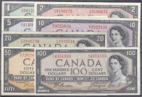 Ausland
Kanada
7 Scheine zu 1, 2, 5, 10, 20, 50 u. 100 Dollars 1954. I-III. Pick 75b, 76d, 77b, 79b, 80a, 81b, 82a.