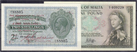 Ausland
Malta
1 auf 2 Shilling und 1 Pound (1940) u. (1967). II u. II- Pick 15, 29.