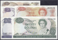 Ausland
Neuseeland
5 Scheine zu 1, 2, 5, 10 u. 20 Dollars o.D. (1981-92) I- Pick 169c, 170c, 171c, 172b, 173b.