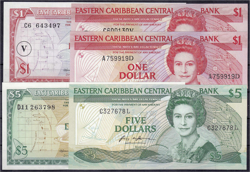 Ausland
Ostkaribik
5 Scheine zu 3 X 1 Dollar u. 2 X 5 Dollar o.D. (1965-1988)....