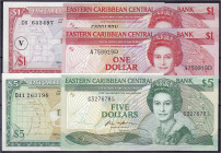 Ausland
Ostkaribik
5 Scheine zu 3 X 1 Dollar u. 2 X 5 Dollar o.D. (1965-1988). I. Pick 13o, 14h, 17u, 17, 18.