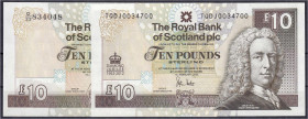 Ausland
Schottland
2 verschiedene Banknoten zu 10 Pounds 2006 u. 2012 I. Pick 353b, 368.