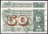 Ausland
Schweiz
2 X 50 Franken 28.3.1963. Fortlaufende KN. 15N45466 - 15N45467.
I-, selten in dieser Erhaltung. Pick 48c.