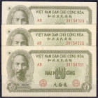 Ausland
Vietnam
3 X 20 Dông 1951. Olive, Fortlaufende KN. 38154329 - 38154331.
I- bis II, einmal Büroklammerflecken. Pick 60b.