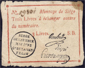Altdeutschland
Mainz Festung (Belagerungsgeld)
3 Livres Mai 1793. Mit 3 Faksimile-Unterschr. und Zusatz „S.B.“
IV+ Grabowski/Kranz 735d. Pick S1481...