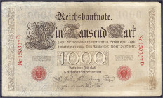 Die deutschen Banknoten ab 1871 nach Rosenberg
Deutsches Reich, 1871-1945
Brauner Tausender 1.7.1898. Udr.-Bst. A Serie D.
III- Rosenberg 18. Grabo...
