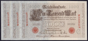 Die deutschen Banknoten ab 1871 nach Rosenberg
Deutsches Reich, 1871-1945
3 X 1 Tsd. Mark (brauner Tausender) 21.4.1910. KN. 6-stellig und fortlaufe...