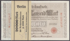 Die deutschen Banknoten ab 1871 nach Rosenberg
Deutsches Reich, 1871-1945
20 X 1 Tsd. Mark (brauner Tausender) 21.4.1910. Unzirkulierte Scheine in o...