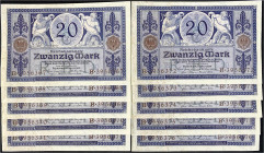 Die deutschen Banknoten ab 1871 nach Rosenberg
Deutsches Reich, 1871-1945
10 X 20 Mark 4.11.1915. Fortlaufende KN. 3956367 - 3956376, Serie B, Udr.-...