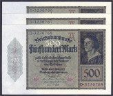 Die deutschen Banknoten ab 1871 nach Rosenberg
Deutsches Reich, 1871-1945
3 X 500 Mark 27.3.1922. Fortlaufende KN. Serie D 3236766 - 3236768.
I- Ro...