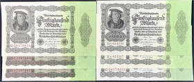 Die deutschen Banknoten ab 1871 nach Rosenberg
Deutsches Reich, 1871-1945
6 X 50 Tsd. Mark 19.11.1922. 2 Paare mit fortlaufende KN. 2 X Serie D (nic...