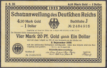 Die deutschen Banknoten ab 1871 nach Rosenberg
Deutsches Reich, 1871-1945
Ganze Schatzanweisung zu 4,20 Mark Gold = 1 Dollar 25.8.1923. Ein Siegel u...