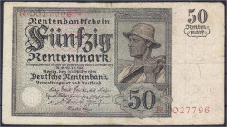 Die deutschen Banknoten ab 1871 nach Rosenberg
Deutsches Reich, 1871-1945
50 Rentenmark 20.3.1925. Serie R.
IV+, winz. Einrisse, selten. Rosenberg ...