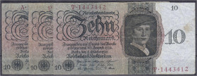 Die deutschen Banknoten ab 1871 nach Rosenberg
Deutsches Reich, 1871-1945
3 X 10 Reichsmark 11.10.1924. Udr.-Bst. U, Serien A, P und T.
IV, selten....